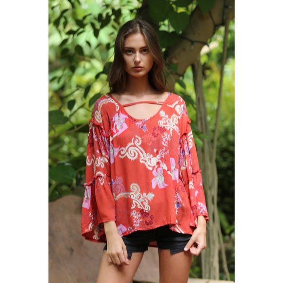 Angie Floral Ruffle Seam Bell Sleeve Tunic - Picture 2 of 6